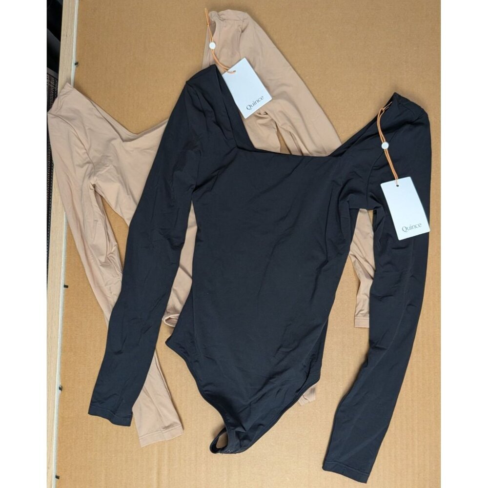Quince 2-Second Skin Square Neck Long Sleeve Bodysuits Mocha/Black Women XS -NEW